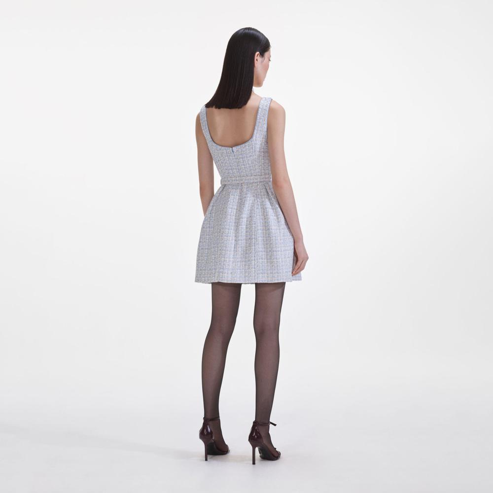 SELF PORTRAIT SS25 VIP PRICE Blue Boucle Sleeveless Mini Dress
