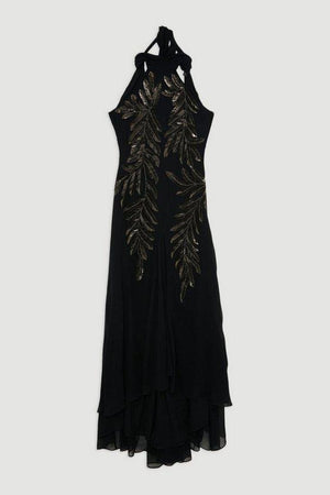 Karen Millen UK SALE Petite Halter Neck Feather Sequin Detail Woven Maxi Dress