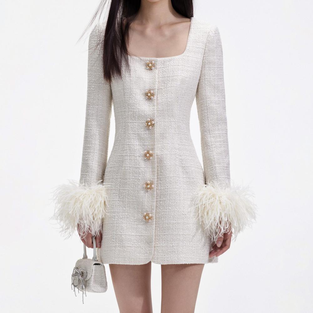 SELF PORTRAIT BLACK FRIDAY SALE Cream Boucle Feather Mini Dress