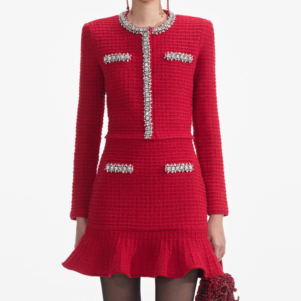 SELF PORTRAIT SS24 Red Textured Knit Mini Skirt