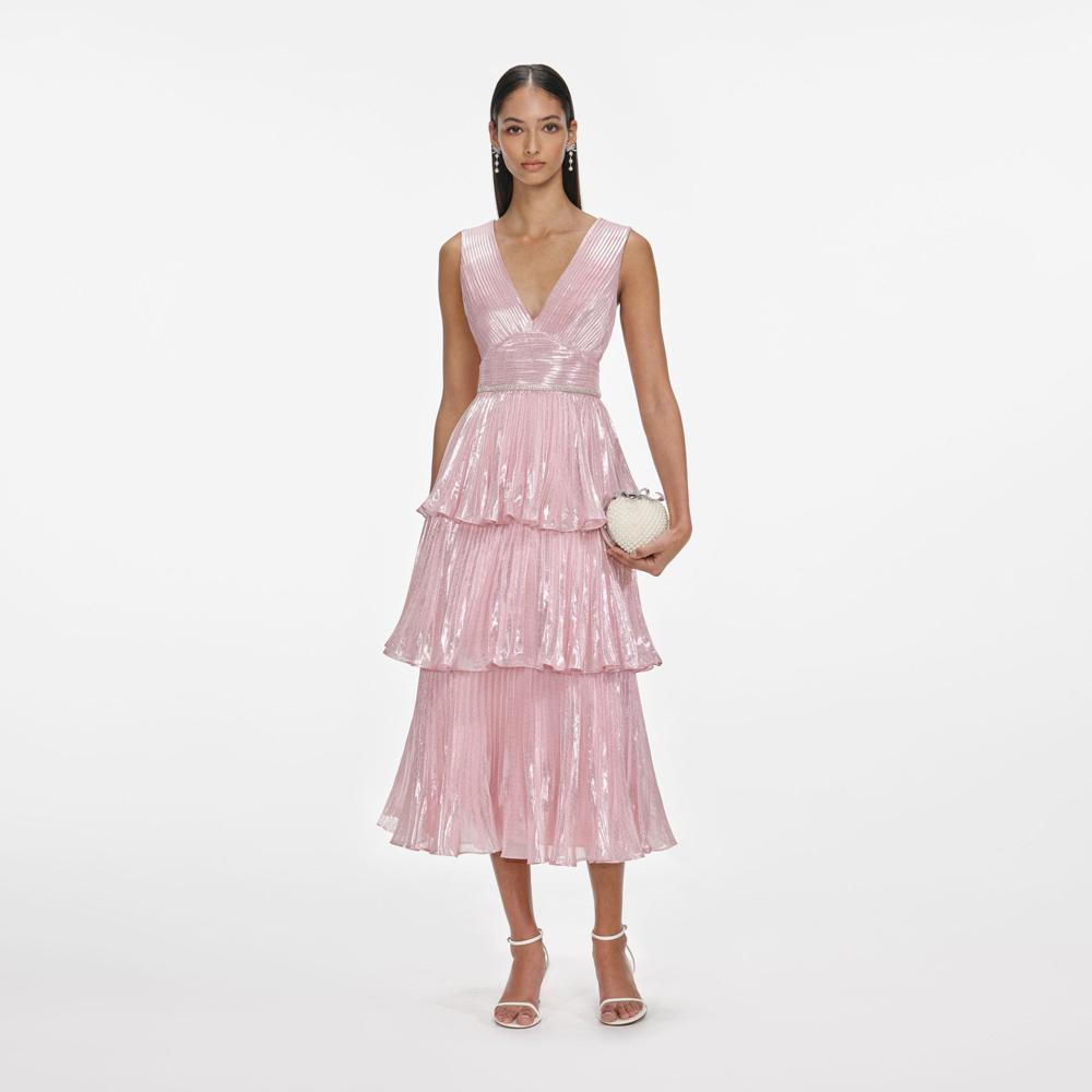 SP VIP PRICE Pink Metallic Tiered Midi Dress