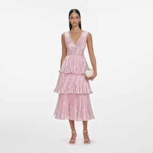 SP VIP PRICE Pink Metallic Tiered Midi Dress