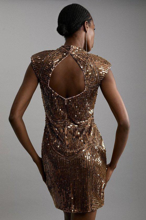 Karen Millen UK SALE Embellished Sequin And Beaded Strong Shoulder Mini Dress - gold