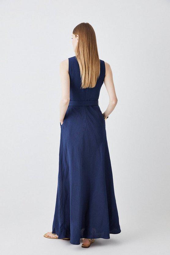 Karen Millen UK SALE Lydia Millen Linen Wrap Tie Waisted Maxi Dress - navy