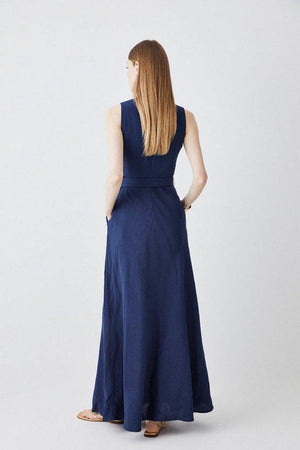 Karen Millen UK SALE Lydia Millen Linen Wrap Tie Waisted Maxi Dress - navy
