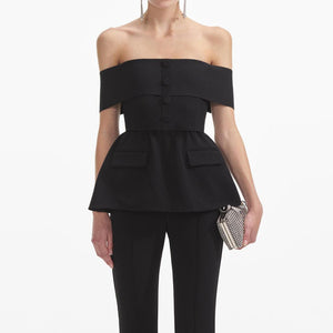 SELF PORTRAIT SS24 Black Crepe Off Shoulder Jumpsuit