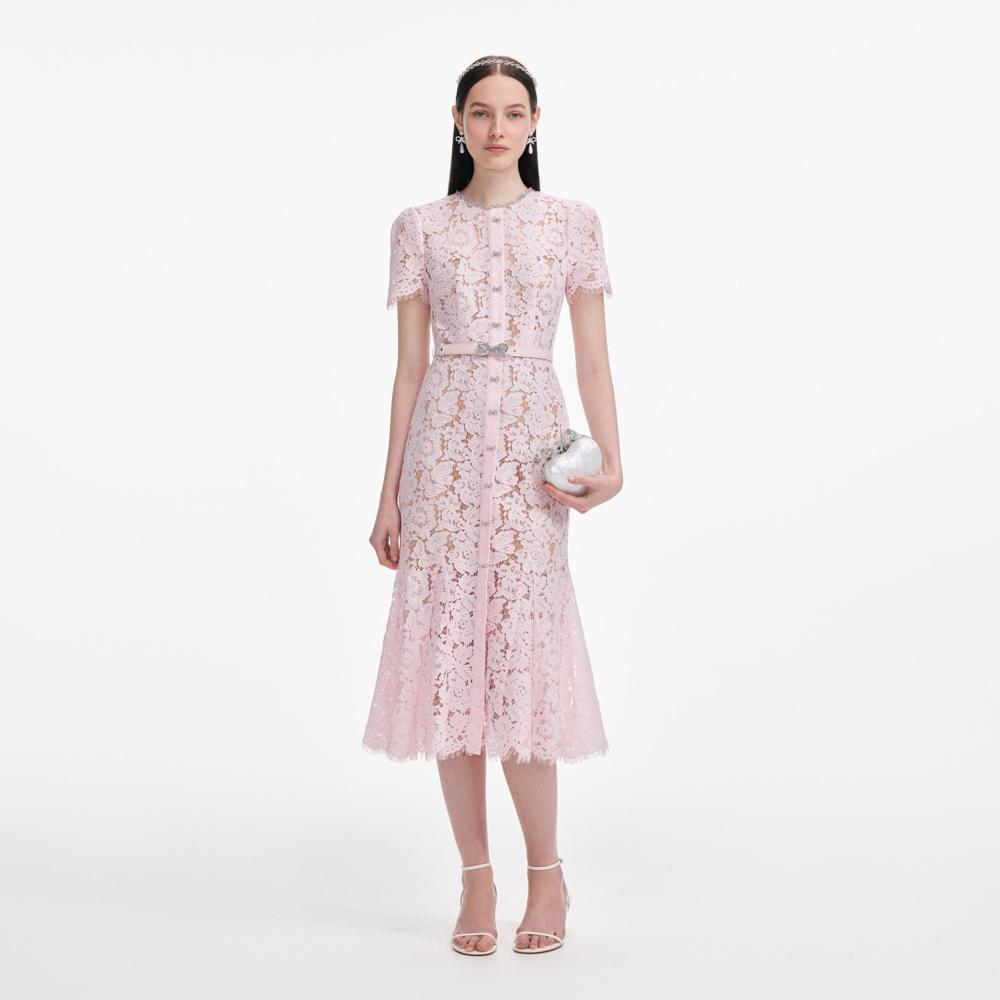 SP VIP PRICE Pink Lace Bow Trim Midi Dress