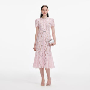 SP VIP PRICE Pink Lace Bow Trim Midi Dress
