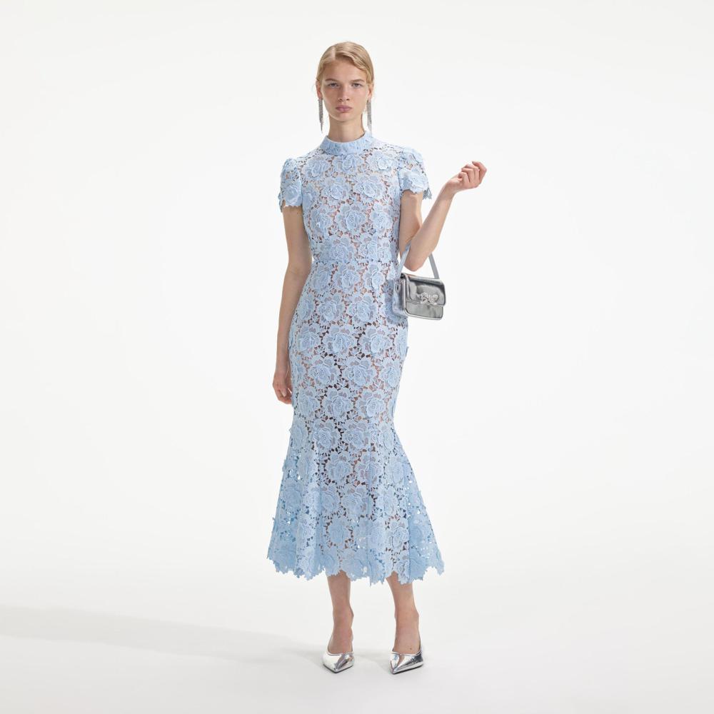 SELF PORTRAIT SS24 Blue Flower Lace Midi Dress