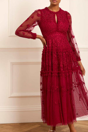 Needle & Thread CYBER SALE Autumn Lace Long Sleeve Ankle Gown - red