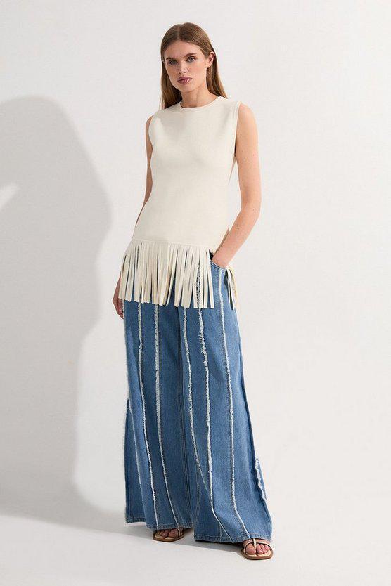Karen Millen UK SALE Petite Denim Tassel Detail Wide Leg Jeans