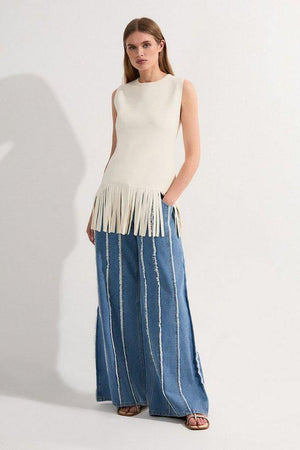 Karen Millen UK SALE Petite Denim Tassel Detail Wide Leg Jeans