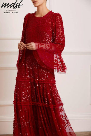 Needle & Thread CHRISTMAS SALE Annie Sequin Tiered Ankle Gown - red