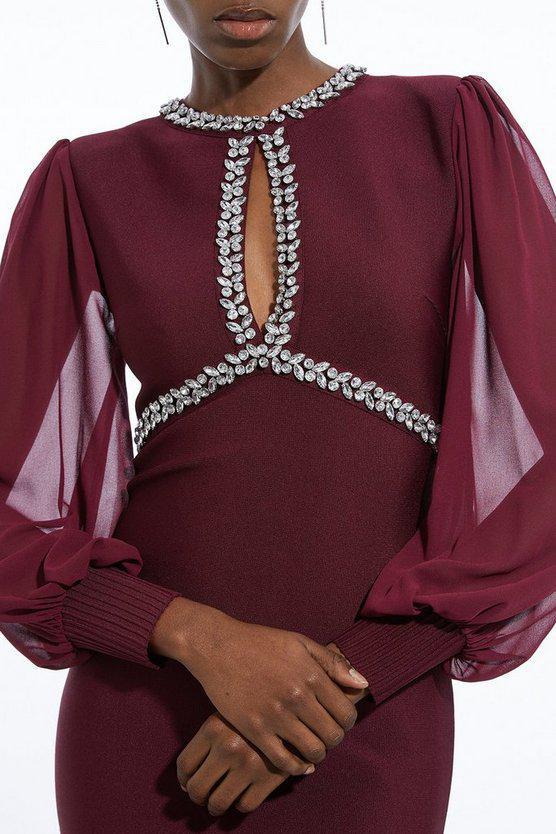 Karen Millen UK SALE Embellished And Chiffon Sleeve Figure Form Knit Midaxi Dress - burgundy