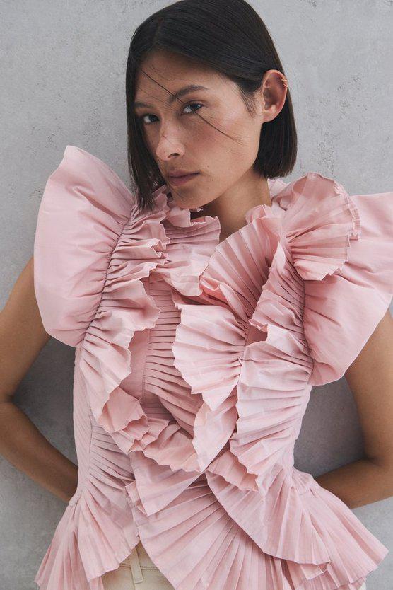 Karen Millen UK SALE Pleated Ruffle Sleeve Woven Top - blush