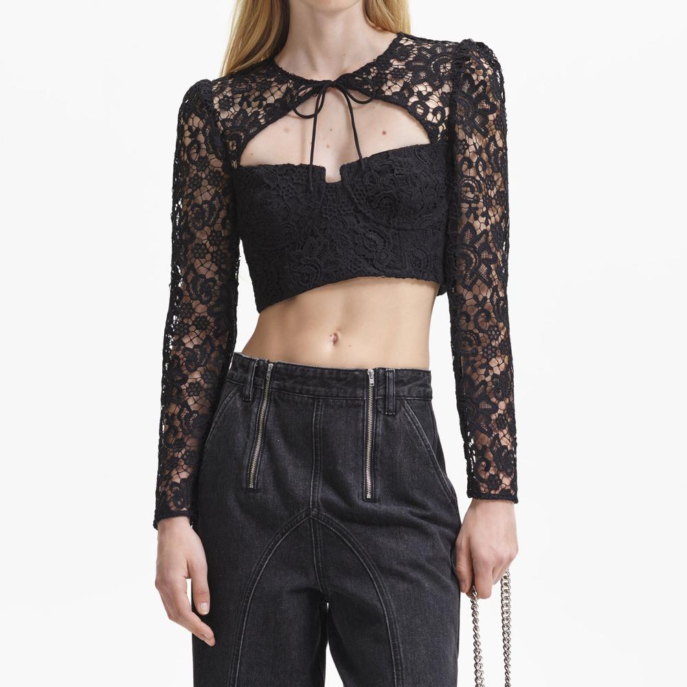 SELF PORTRAIT BLACK FRIDAY SALE Black Lace Tie Neck Crop Top