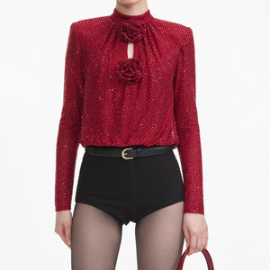 SELF PORTRAIT SS24 Red Rhinestone Fishnet Top