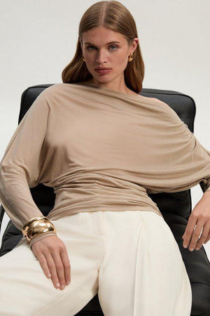 Karen Millen UK SALE Tencel Ruched Asymmetric Neck Long Sleeve Top