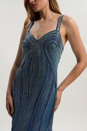 Karen Millen UK SALE Beaded Contour Sweet Heart Neckline Woven Maxi Dress - blue