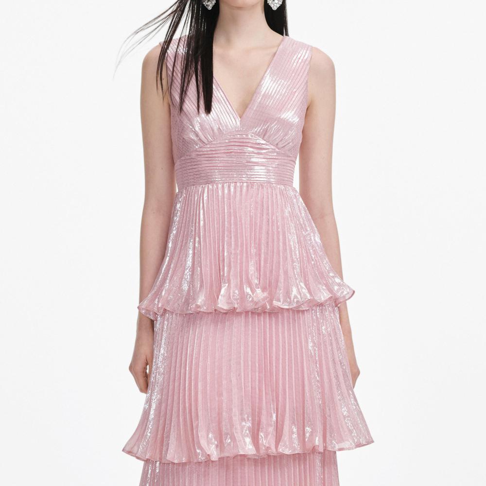 SP VIP PRICE Pink Metallic Tiered Maxi Dress