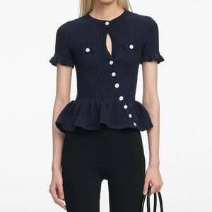 SELF PORTRAIT VIP SS25 SALE Navy Asymmetric Knit Top