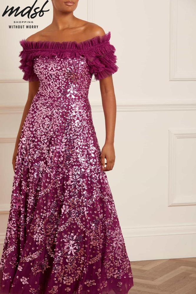 Needle & Thread CHRISTMAS SALE Sequin Wreath Off-Shoulder Gown - purple