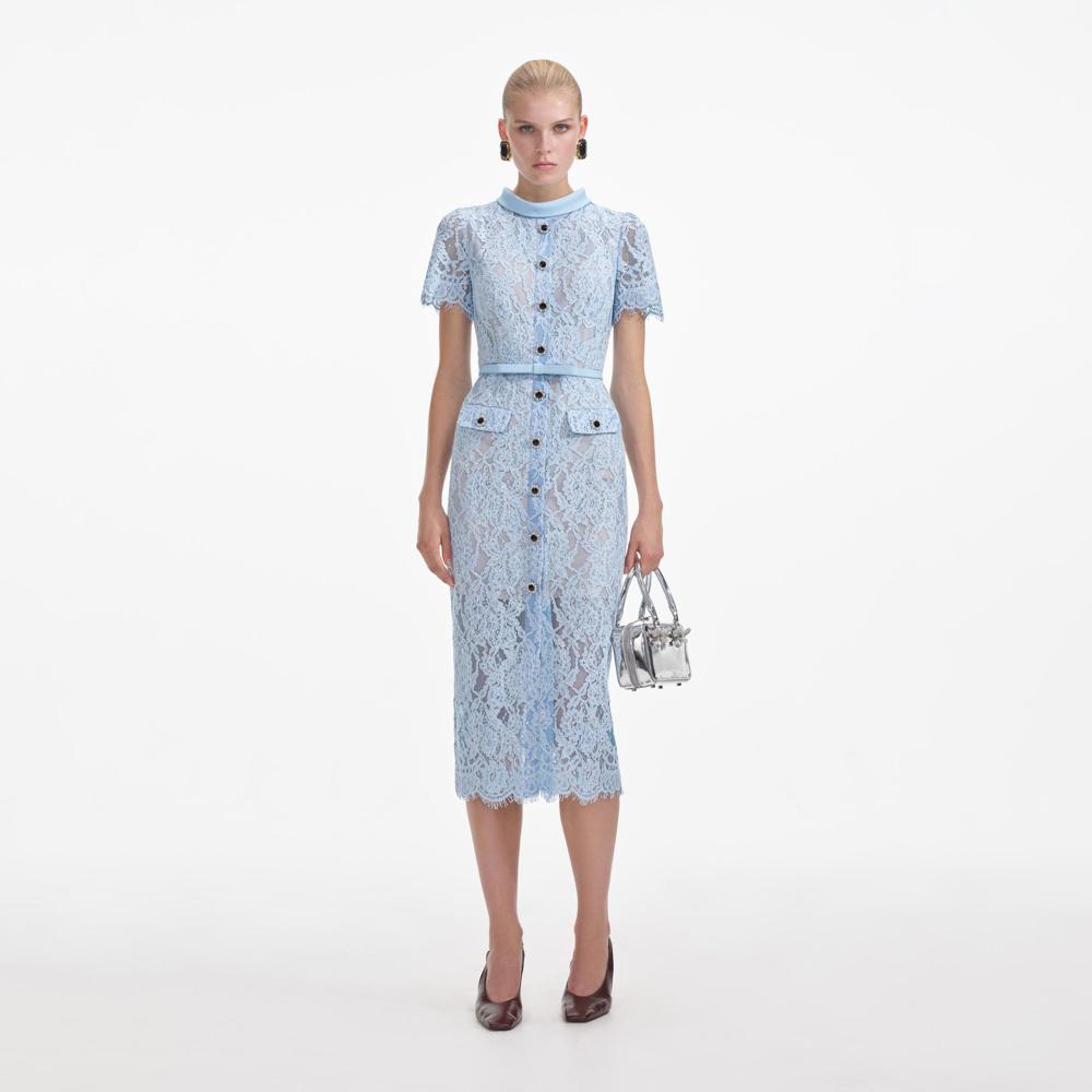 SELF PORTRAIT SS24 Blue Lace Button Midi Dress