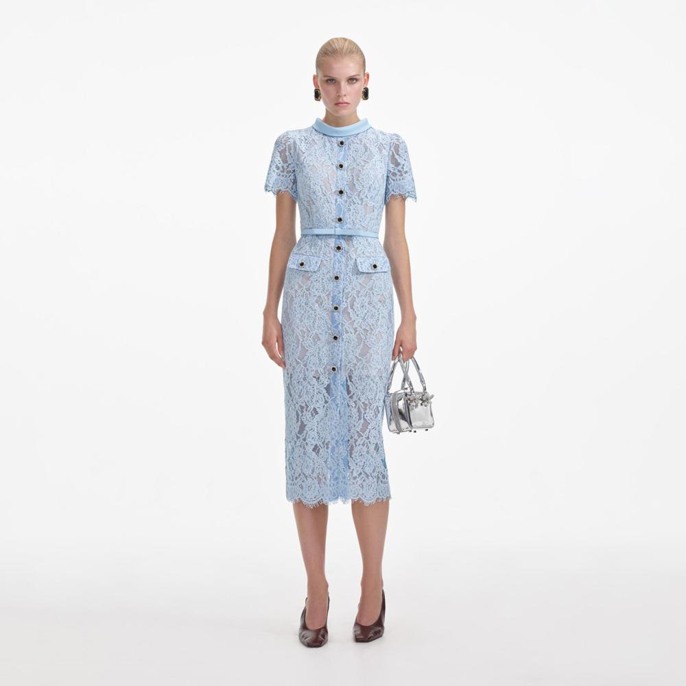 SELF PORTRAIT VIP SS24 Blue Lace Button Midi Dress
