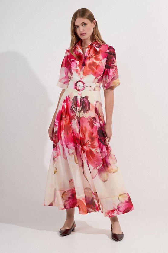 Karen Millen UK SALE Petite Floral Organdie Woven Midi Shirt Dress