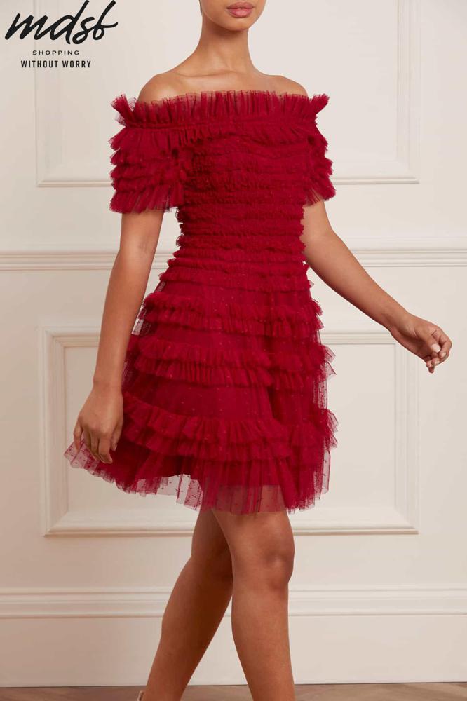 Needle & Thread CHRISTMAS SALE Lisette Ruffle Off Shoulder Micro Mini Dress - red