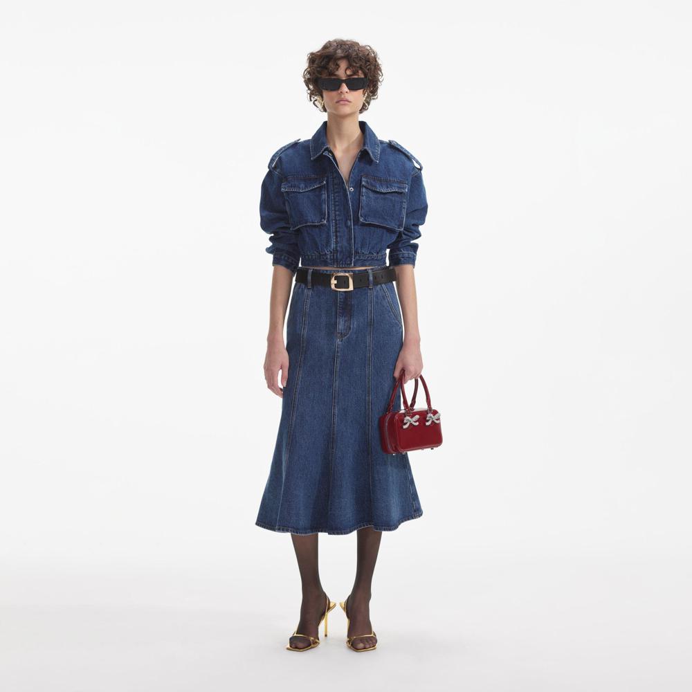 SELF PORTRAIT SS24 Flared Denim Midi Skirt