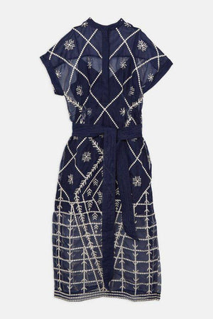 Karen Millen UK SALE Organdie Crystal Embellished Tie Waist Woven Maxi Dress - navy