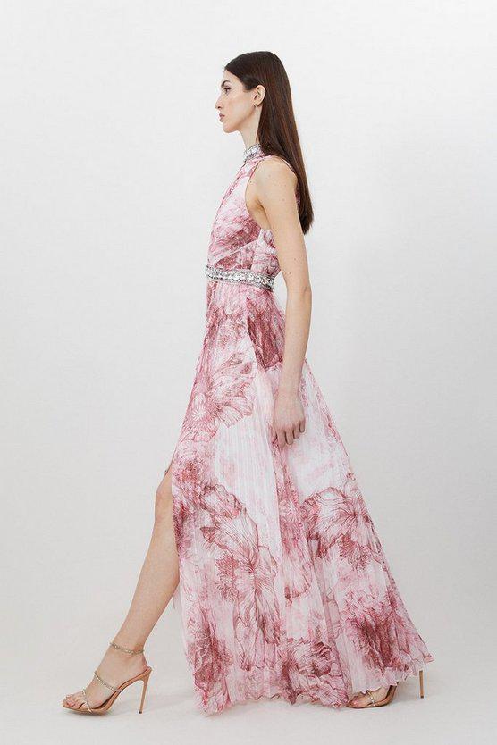 Karen Millen UK SALE Abstract Floral Crystal Embellished Woven Split Maxi Dress