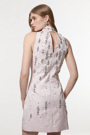 Karen Millen UK SALE Texture Jacquard Crystal Embellished High Neck Woven Mini Dress - pink