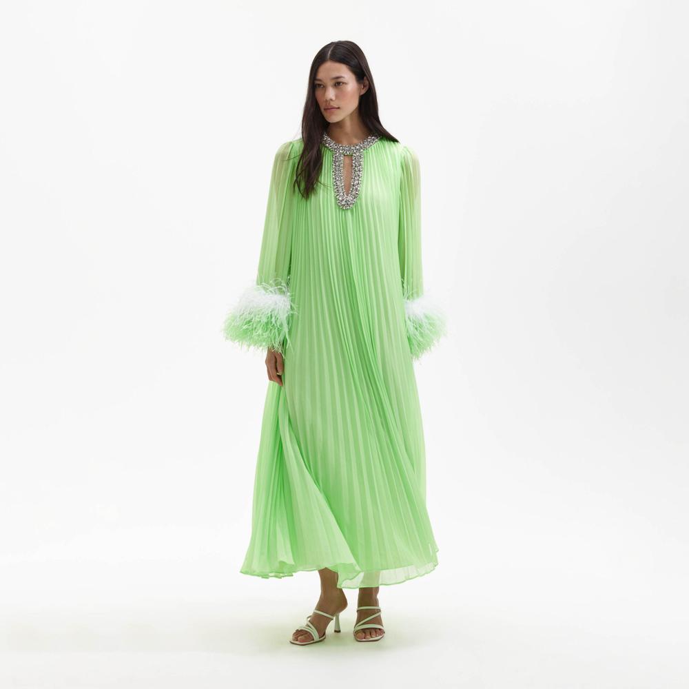 SELF PORTRAIT BLACK FRIDAY SALE Green Chiffon Feather Midi Dress