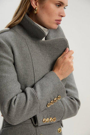 Karen Millen UK SALE Wool Double Breasted Military Tailored Midi Coat - grey marl