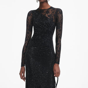 SP VIP PRICE Black Rhinestone Lace Sleeves Maxi Dress