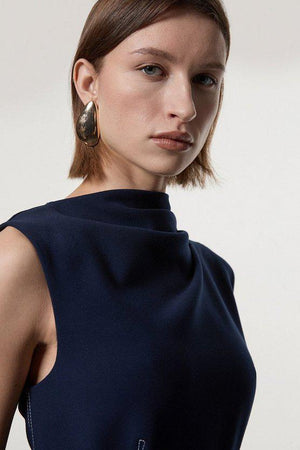 Karen Millen UK SALE Compact Stretch Tailored Colour Block Full Skirted Midi Dress - navy