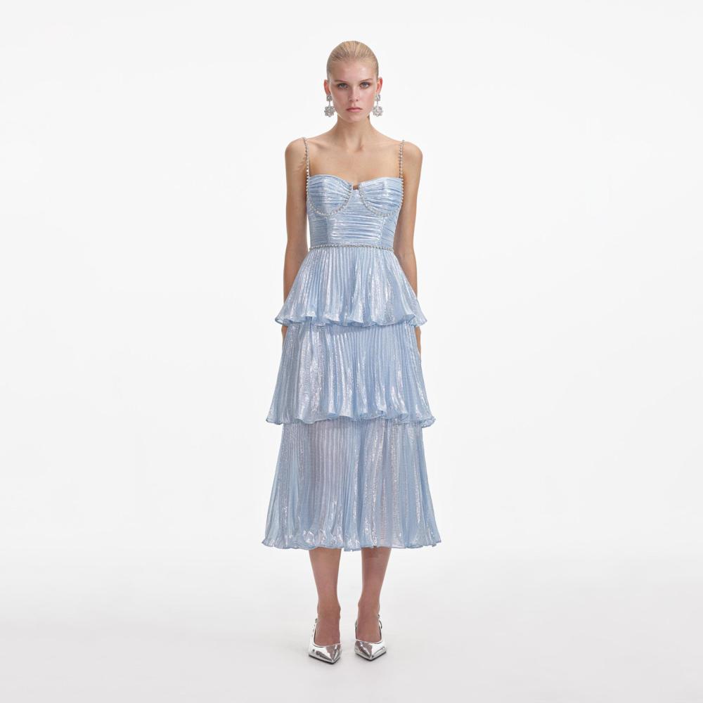 SELF PORTRAIT SS24 Blue Metallic Tiered Midi Dress