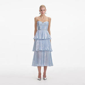 SELF PORTRAIT SS24 Blue Metallic Tiered Midi Dress