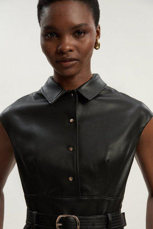 Karen Millen UK SALE Faux Leather Belted Midi Dress - black