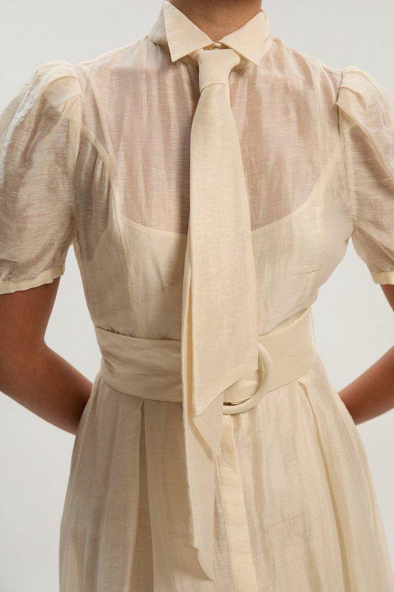 Karen Millen UK SALE Organdie Tie Neck Woven Midi Dress - ivory