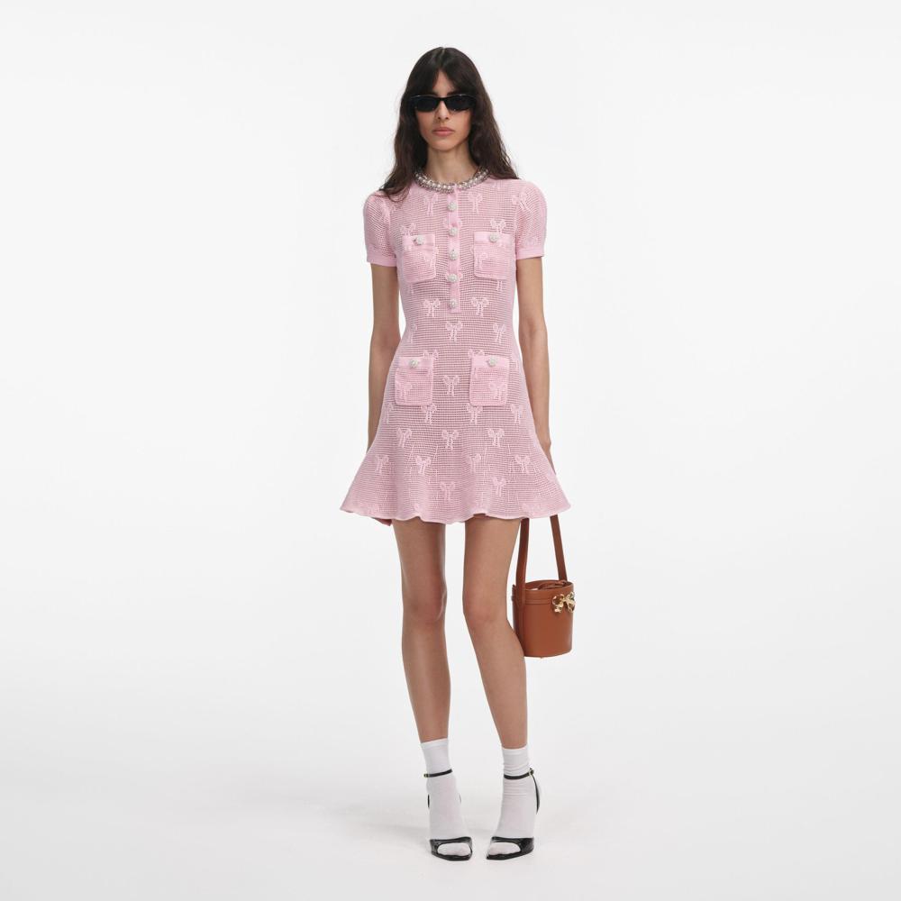 SP VIP PRICE Pink Bow Crochet Crystal Trim Mini Dress