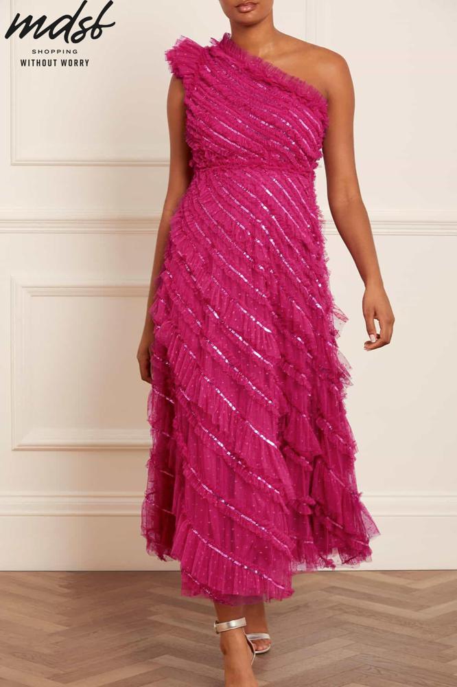 Needle & Thread CHRISTMAS SALE Spiral Sequin One-Shoulder Ankle Gown - pink