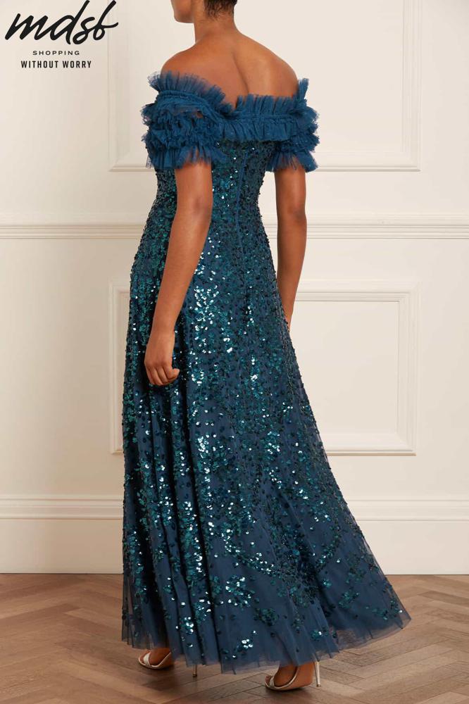 Needle & Thread CHRISTMAS SALE Sequin Wreath Off-Shoulder Gown - blue