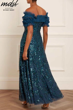 Needle & Thread CHRISTMAS SALE Sequin Wreath Off-Shoulder Gown - blue