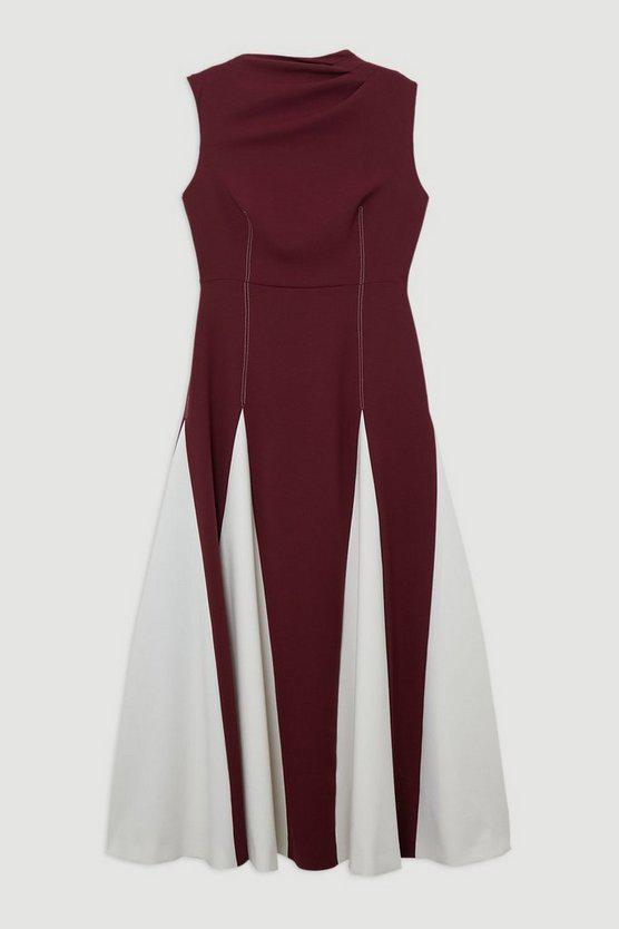 Karen Millen UK SALE Compact Stretch Tailored Colour Block Full Skirted Midi Dress - fig