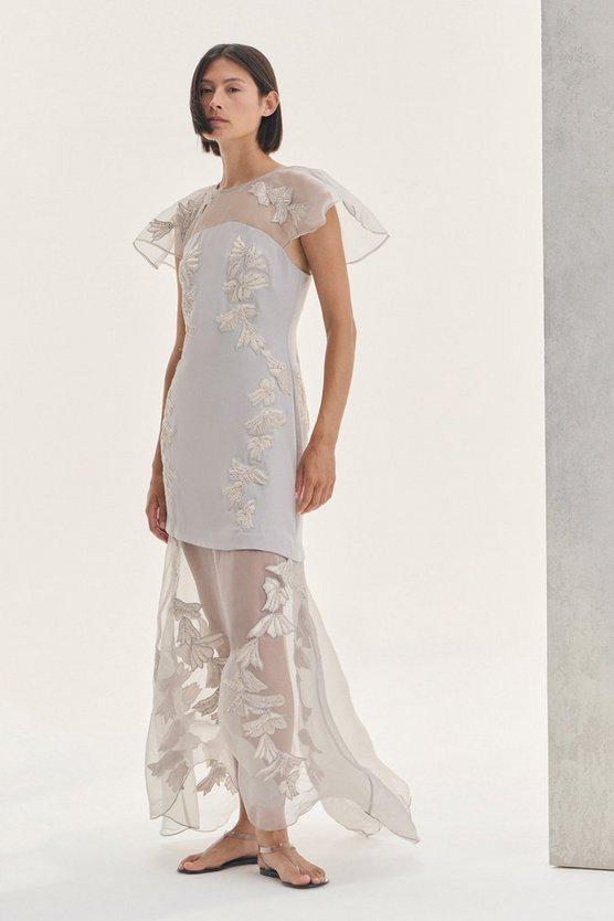 Karen Millen UK SALE Quilted Applique Organdie Angel Sleeve Woven Maxi Dress