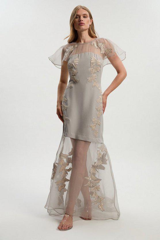 Karen Millen UK SALE Quilted Applique Organdie Angel Sleeve Woven Maxi Dress