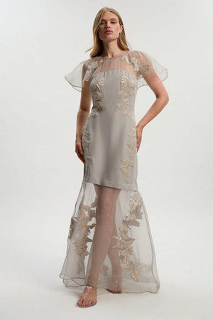 Karen Millen UK SALE Quilted Applique Organdie Angel Sleeve Woven Maxi Dress